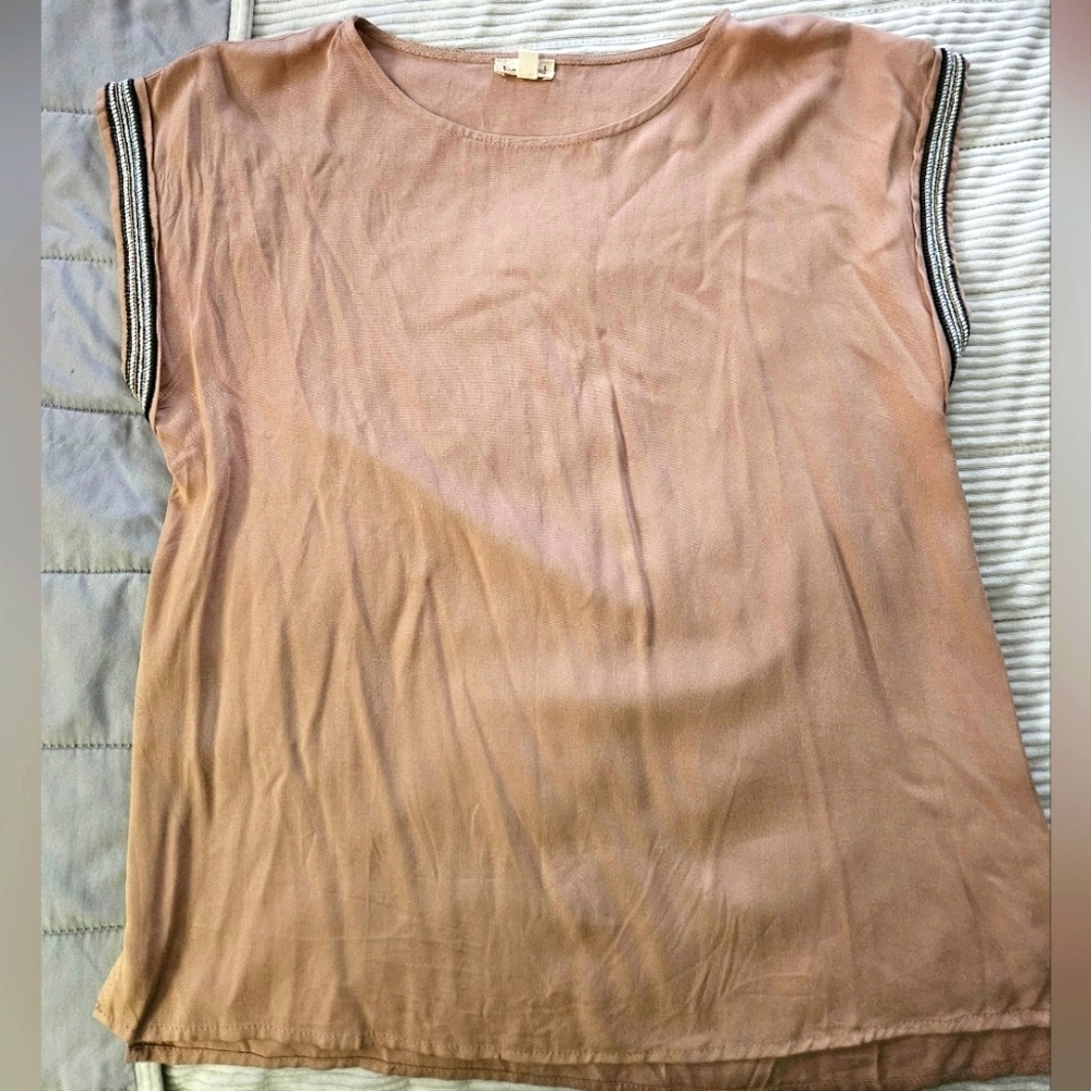 Hem & Thread By Anthropologie Women's Tan Top with Black Bead Accents. Size S